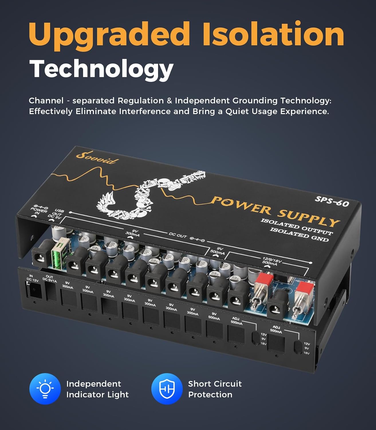 Guitar Pedal Power Supply 10 Isolated DC Output, 9V 12V 18V (300mA/500mA) Effect Pedal Boards Power Supplywith USB Port, Low Noise and High Power DC Output