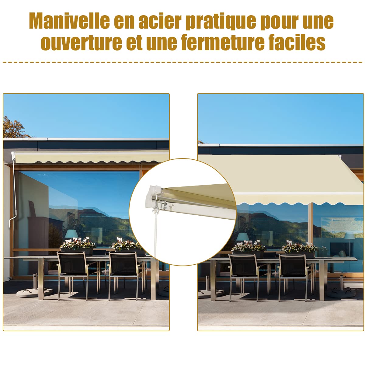 GOPLUS Store Banne Manuel 3,6Mx3M, Auvent de Terrasse Extérieur et Tissu Résistant aux UV avec Manivelle et Angle Réglable 5-35°pour Patio,Balcon,Terrasse(Beige)