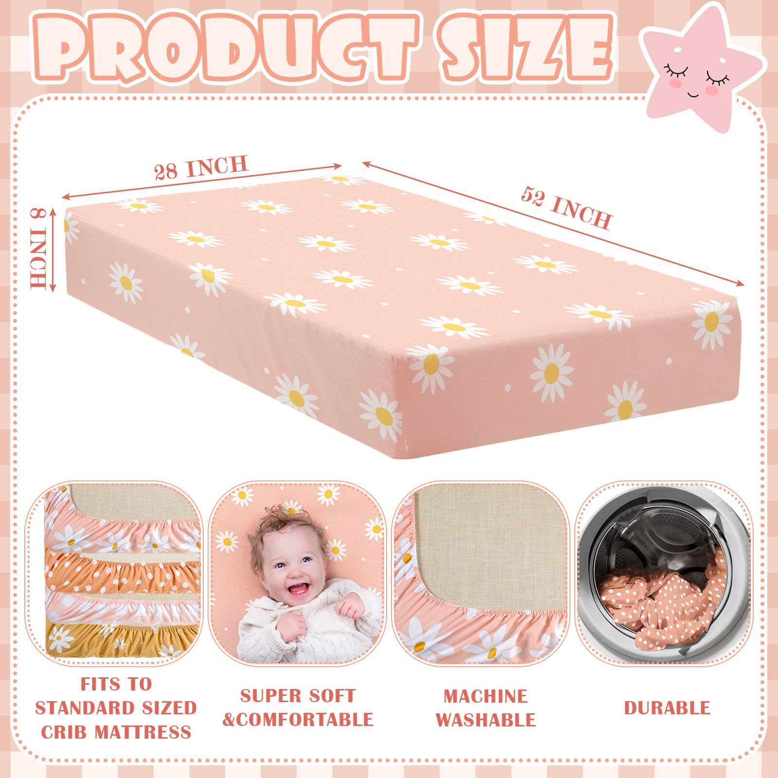 Peryiter Confezione da 4 lenzuola per culla rosa a quadri per bambini, motivo orso blu, lenzuola per culla standard con stampa margherita, per neonati o ragazze (margherita)