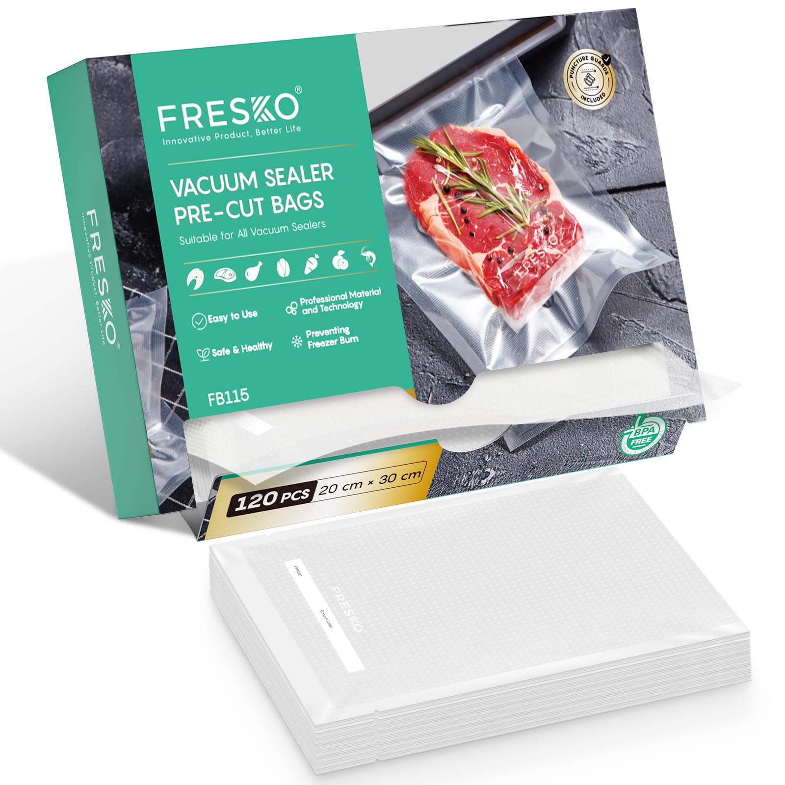 FRESKO Vacuum Sealer Bags 20x30cm 120 Count,Textured Vacuum Food Sealer Bag,Thick Embossed PreCut Bags | BPA Free | for Sous Vide Cooking and Food Storage Withstands Freezing, Boiling and Microwaving