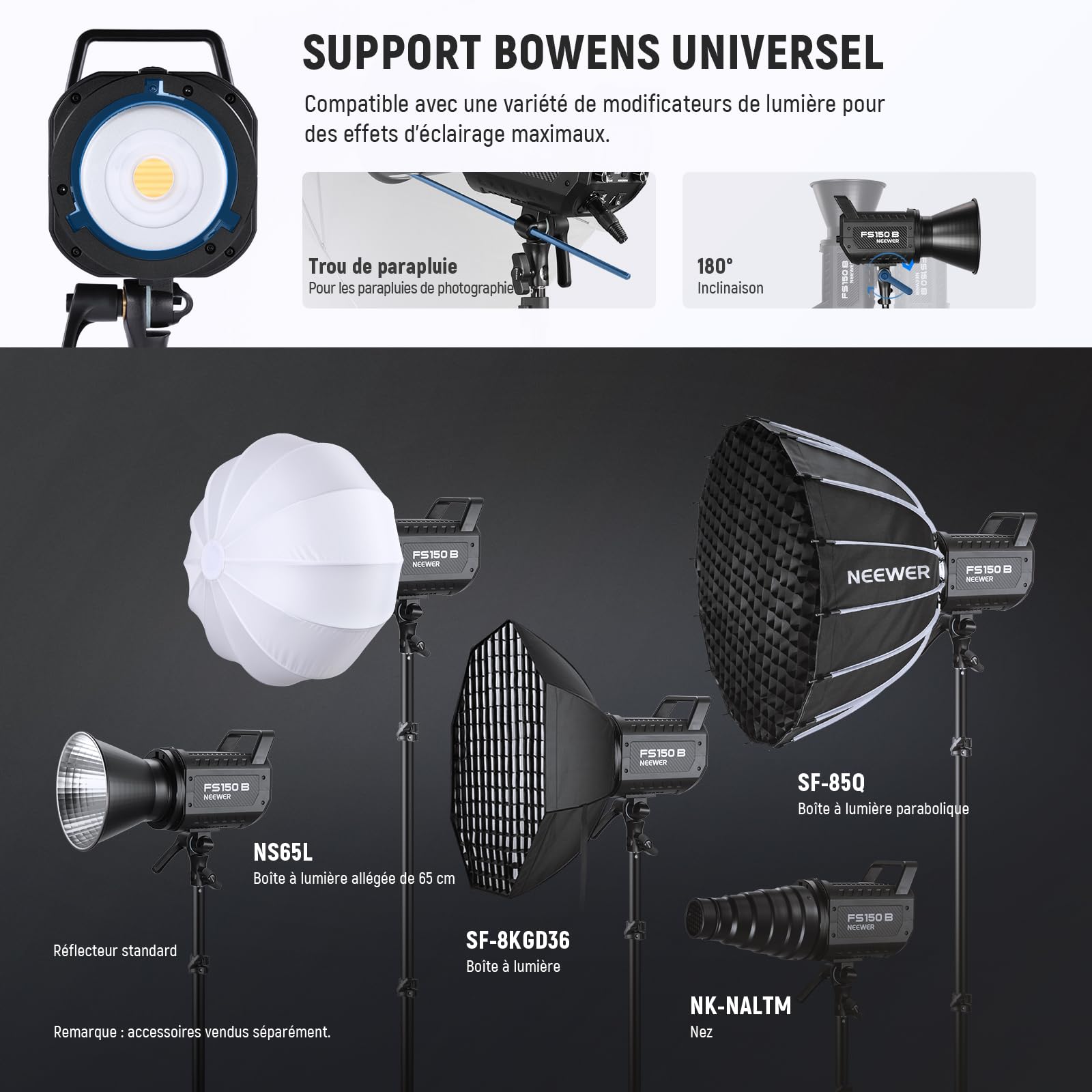 NEEWER FS150B Lampe vidéo LED bicolore 130 W, éclairage continu COB portable avec contrôle 2,4 GHz/APP/prise de vue silencieuse, 4 modes de gradation précis, 2700 K-6500 K, 12 effets, monture Bowens