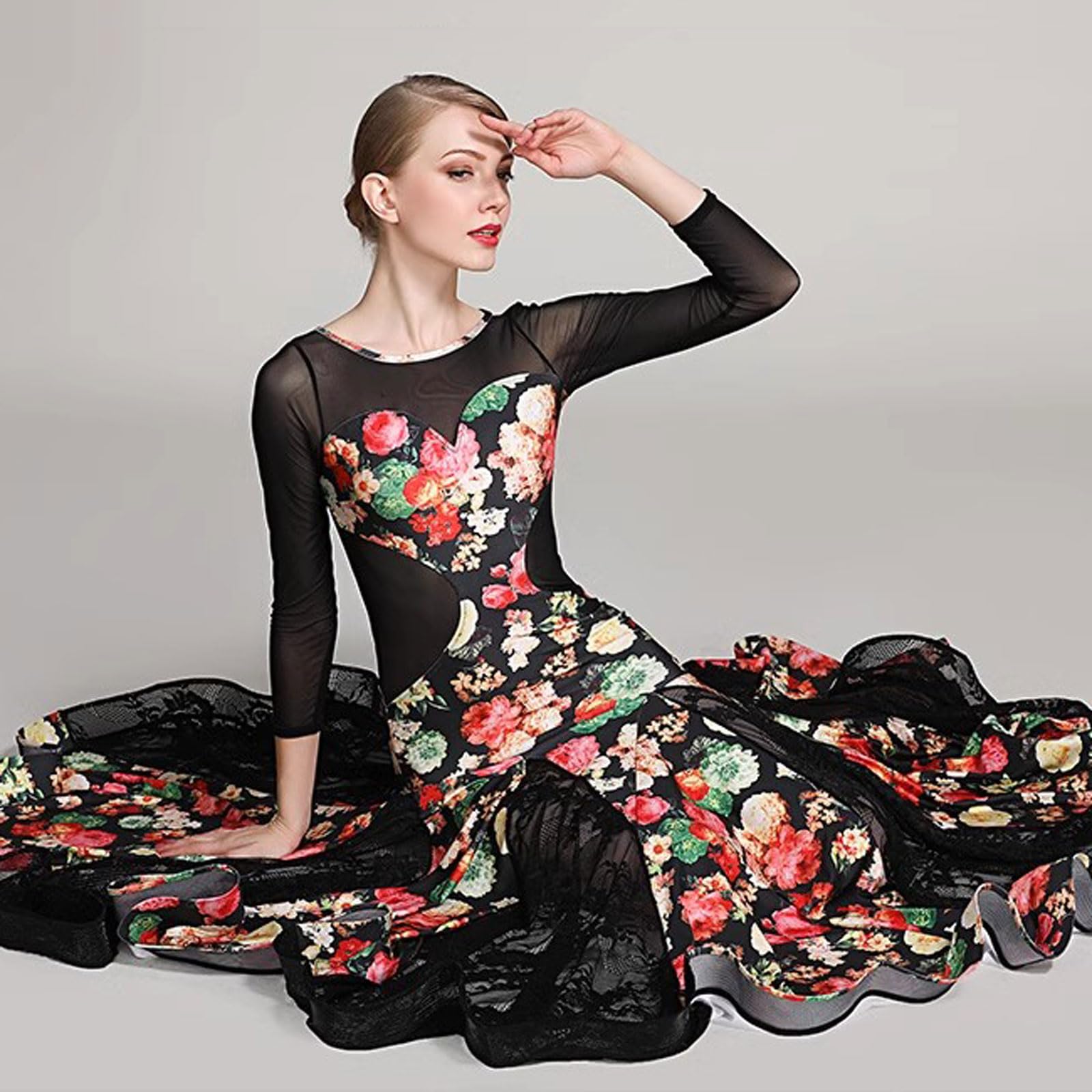 Strój Konkursowy do Tańca Towarzyskiego Strój do Tańca Tango Walc d Długim Rękawem Nadrukiem Elegancki Strój do Tańca Foxtrot Strój do Tańca Flamenco z Okrągłym Dekoltem