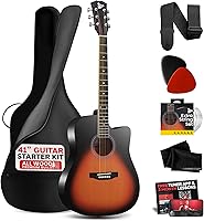Vista 1 de Pyle Kit de guitarra acústica de cuerdas de acero, 4/4 de tamaño completo con corte, guitarra acústica totalmente de madera con juego de accesorios