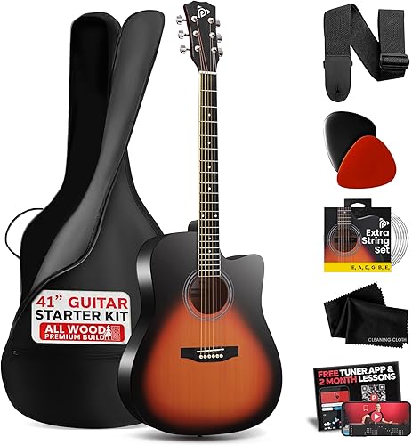 Pyle Kit de guitarra acústica de cuerdas de acero, 4/4 de tamaño completo con corte, guitarra acústica totalmente de madera con juego de accesorios