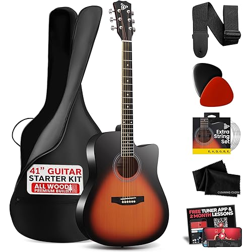 Pyle Steel String Acoustic Guitar Kit, 4/4 Full Size Cutaway All-Wood Guitarra Acustica with Premium Accessory Set and Upgraded Gig Bag, 41" Sunburst Teardrop Matte