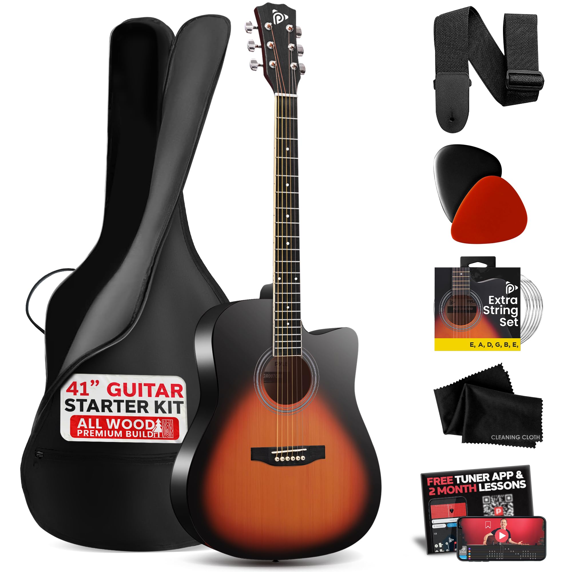 Pyle Steel String Acoustic Guitar Kit, 4/4 Full Size Cutaway All-Wood Guitarra Acustica with Premium Accessory Set and Upgraded Gig Bag, 41" Sunburst Teardrop Matte