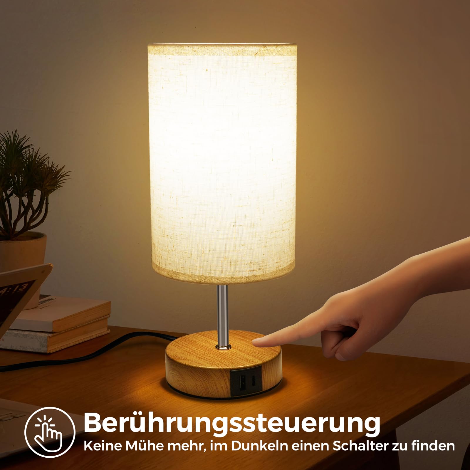 Suright Nachttischlampe Touch Dimmbar mit USB A+C Ladeanschlüssen, Lampenschirm aus Leinenstoff, Holzsockel, Kleine Tischlampe für Schlafzimmer Wohnzimmer Kinderzimmer (LED-Birne Inklusive)