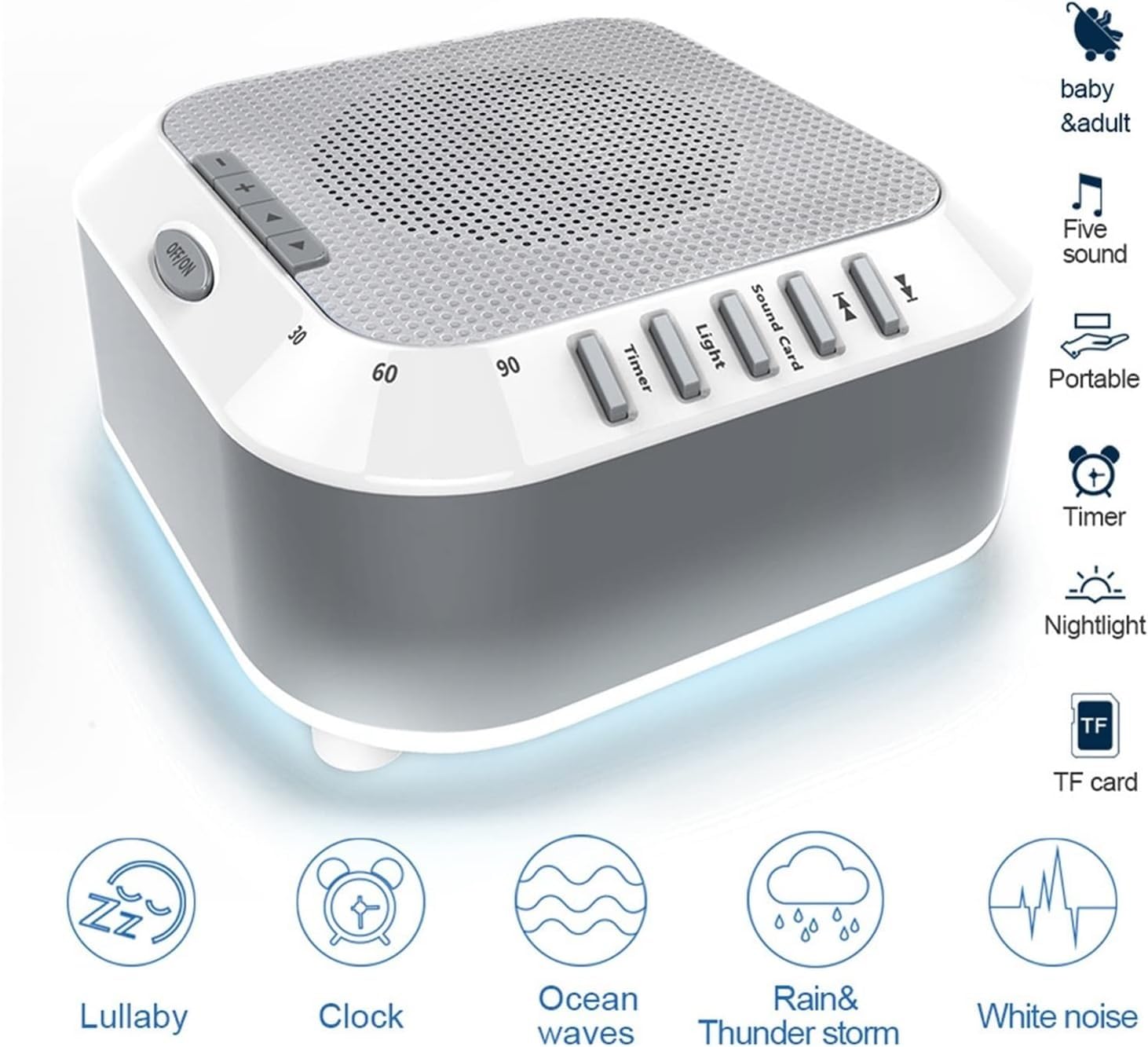 Máquina de sonido con temporizador de apagado automático, máquina de sonido para dormir para niños y bebés, relajación natural, ruido blanco, lluvia, luz nocturna, canción de cuna, tono y volumen