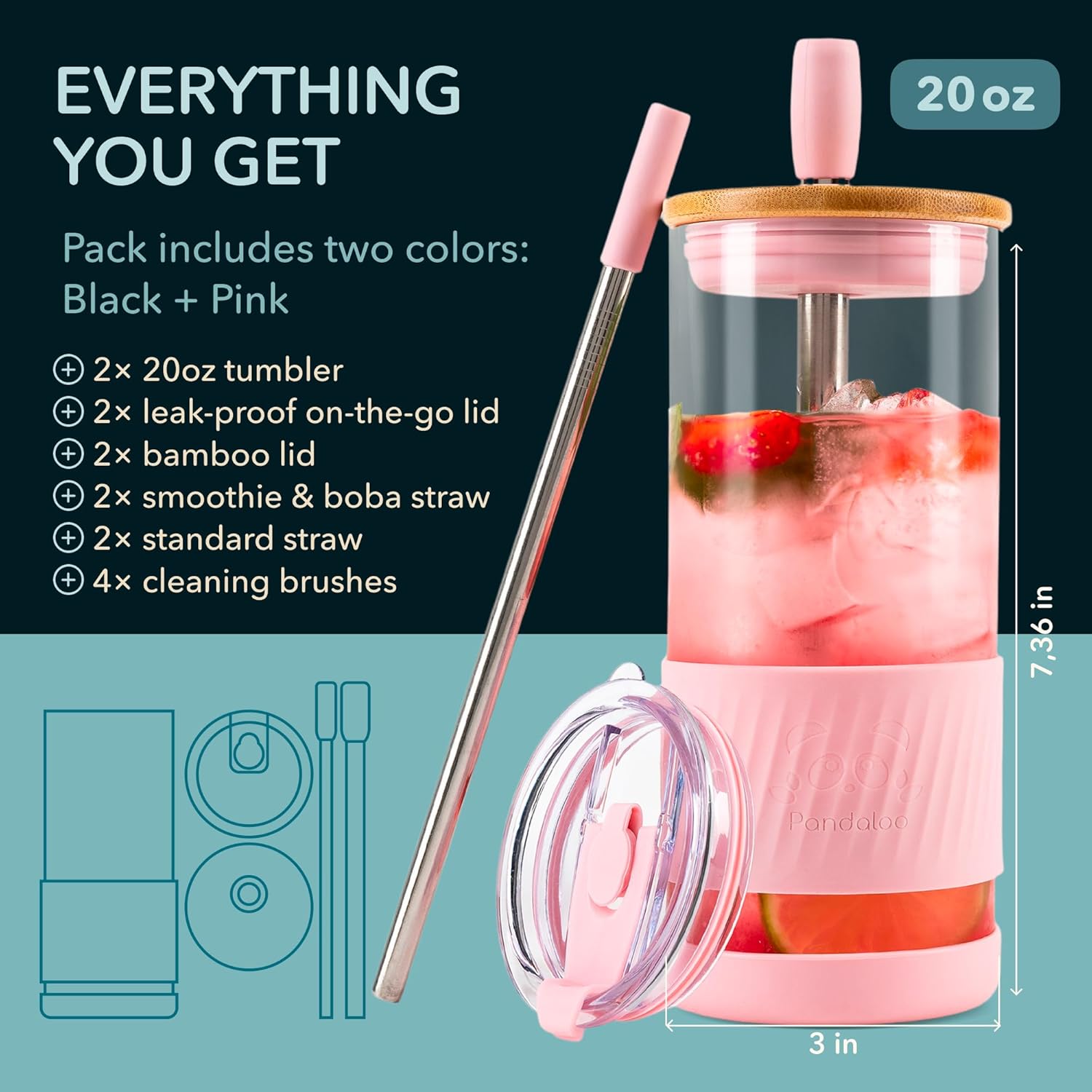 Pandaloo® Glass Cups With Lids and Straws -20 Fl Oz- Perfect Size Iced Coffee Cup - Smoothie Cup With Bamboo Lid and On the go Lid - Glass Tumbler (2 Count (Pack of 1), Black Saphir-Tender Pink)