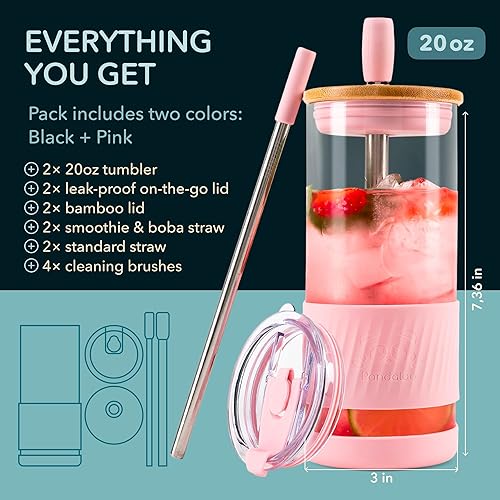 Miniatura 2 de Pandaloo Tazas de Vidrio con Tapas y Popotes - 20 Fl Oz - Tamaño Perfecto para Taza de Café Helado - Taza de Batido con Tapa de Bambú y Tapa para