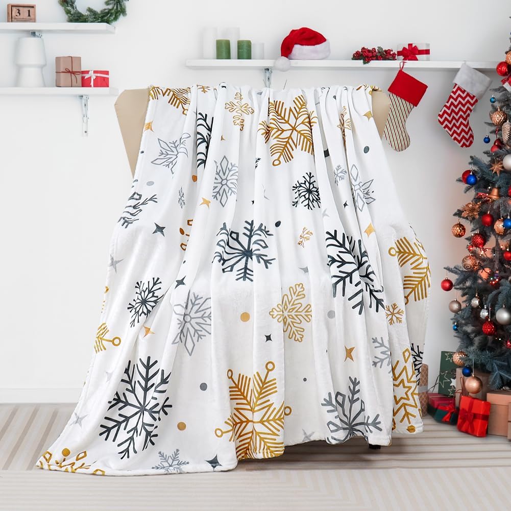 Christmas Throw Blanket Geometric Golden Gray Snowflake Throw Blanket Xmas Theme White Soft Warm Cozy Fuzzy Plush Throw Blankets Lightweight Fluffy Blankets for Bed Chair Couch 50" X 60" - Image 4