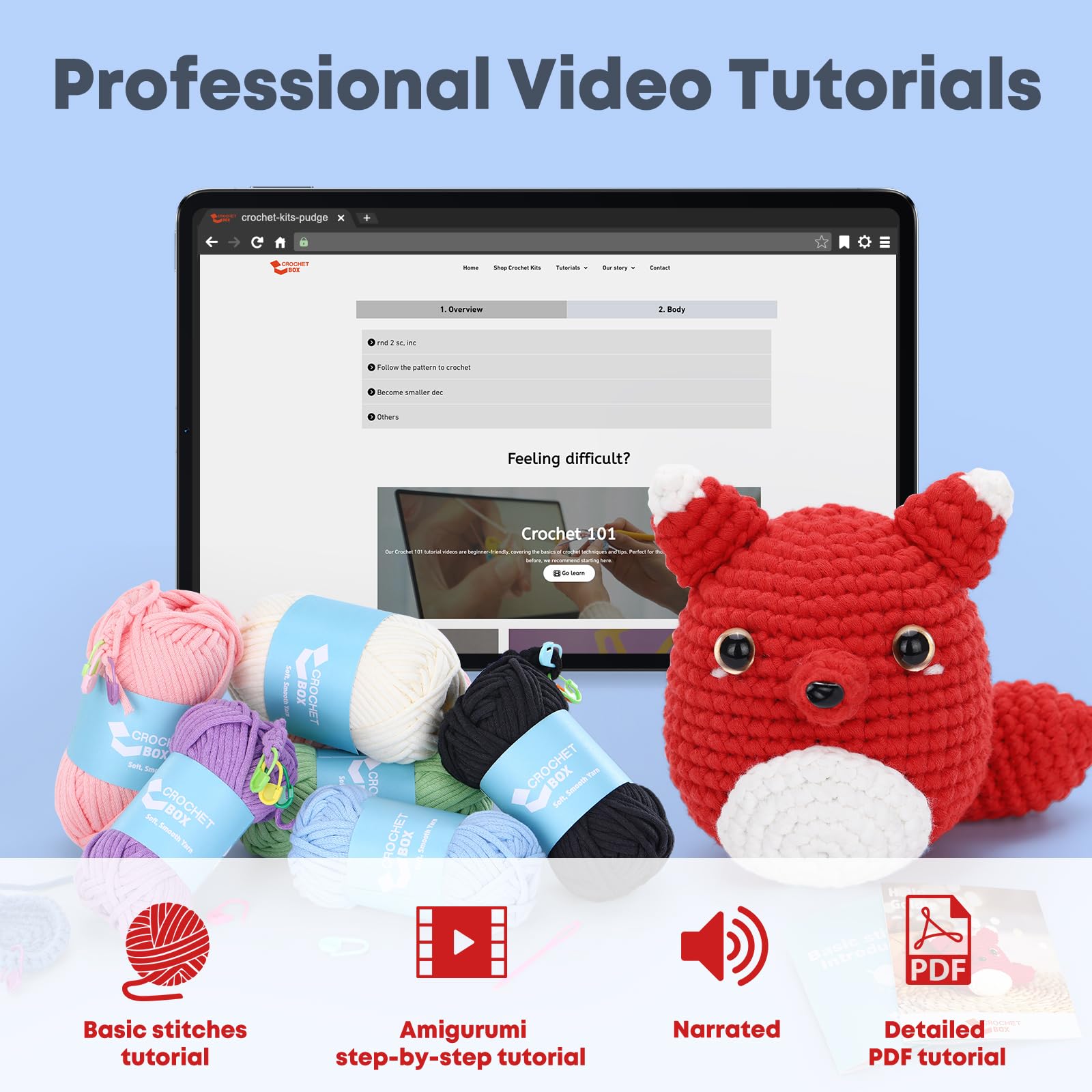 CROCHET BOX Crochet Kit for Beginners, Red Fox Crochet Kit, All You Need in, Step-by-Step Video Tutorial - Image 4