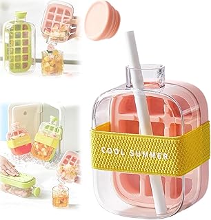 زجاجة مياه 2 في 1 لصنع مكعبات الثلج مع شفاطة - تصميم صحي بلمسة واحدة لإخراج الثلج، تصميم بدون لمس للفريزر والقهوة والعصير والمشروبات (لون وردي)، سعة 500 مل