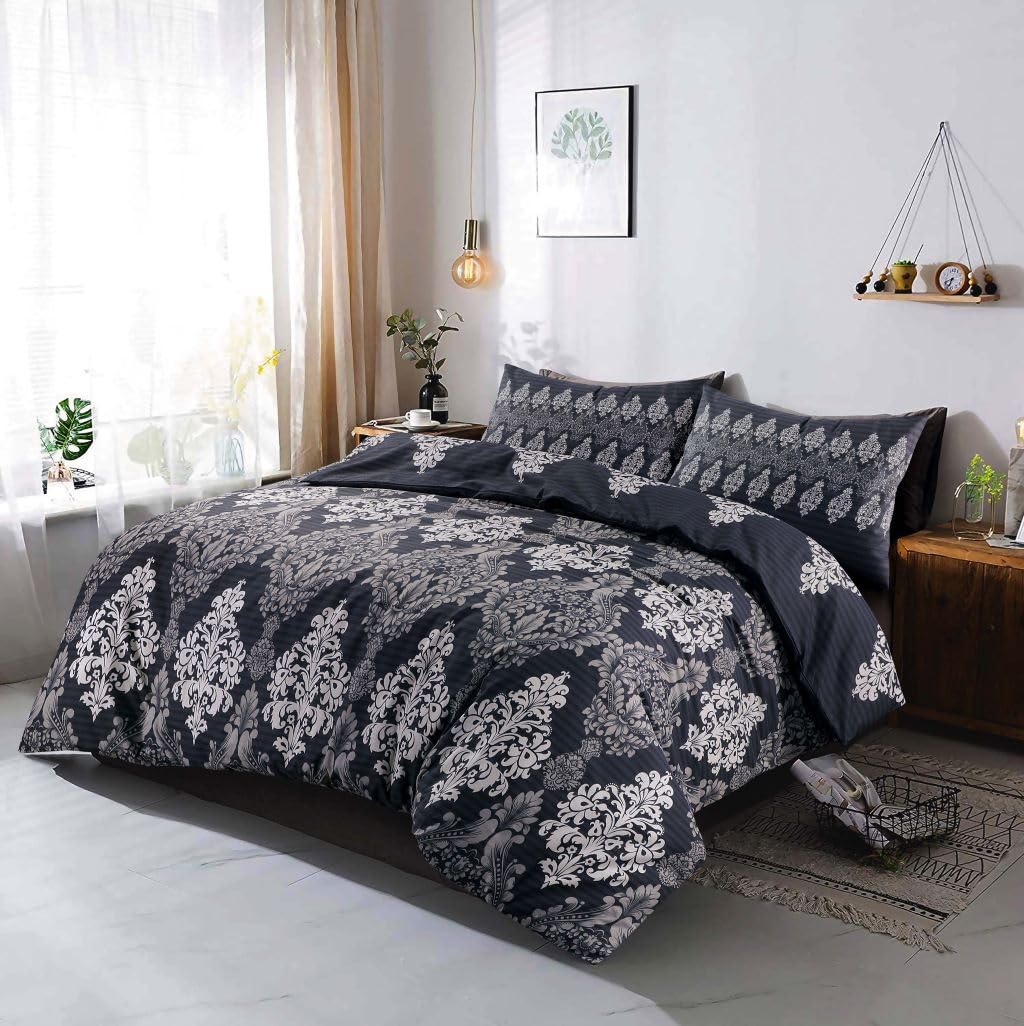 click2style Duvet Cover Set with Pillow Cases Bedding Sets Polycotton Material (Tanya Black, King (U.K. Standard))