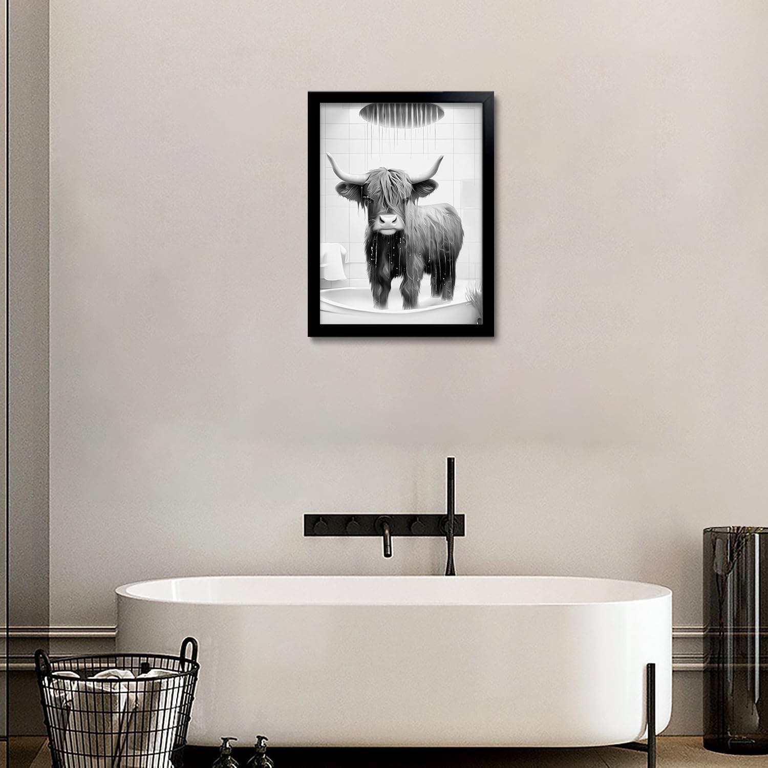 OIQArtOIQ Funny Bathroom Framed Wall Art Black and White Animal Canvas Wall Art Prints Highland Cow Shower Pictures Wall Decor Modern Minimalist Humorous Artwork For Restroom