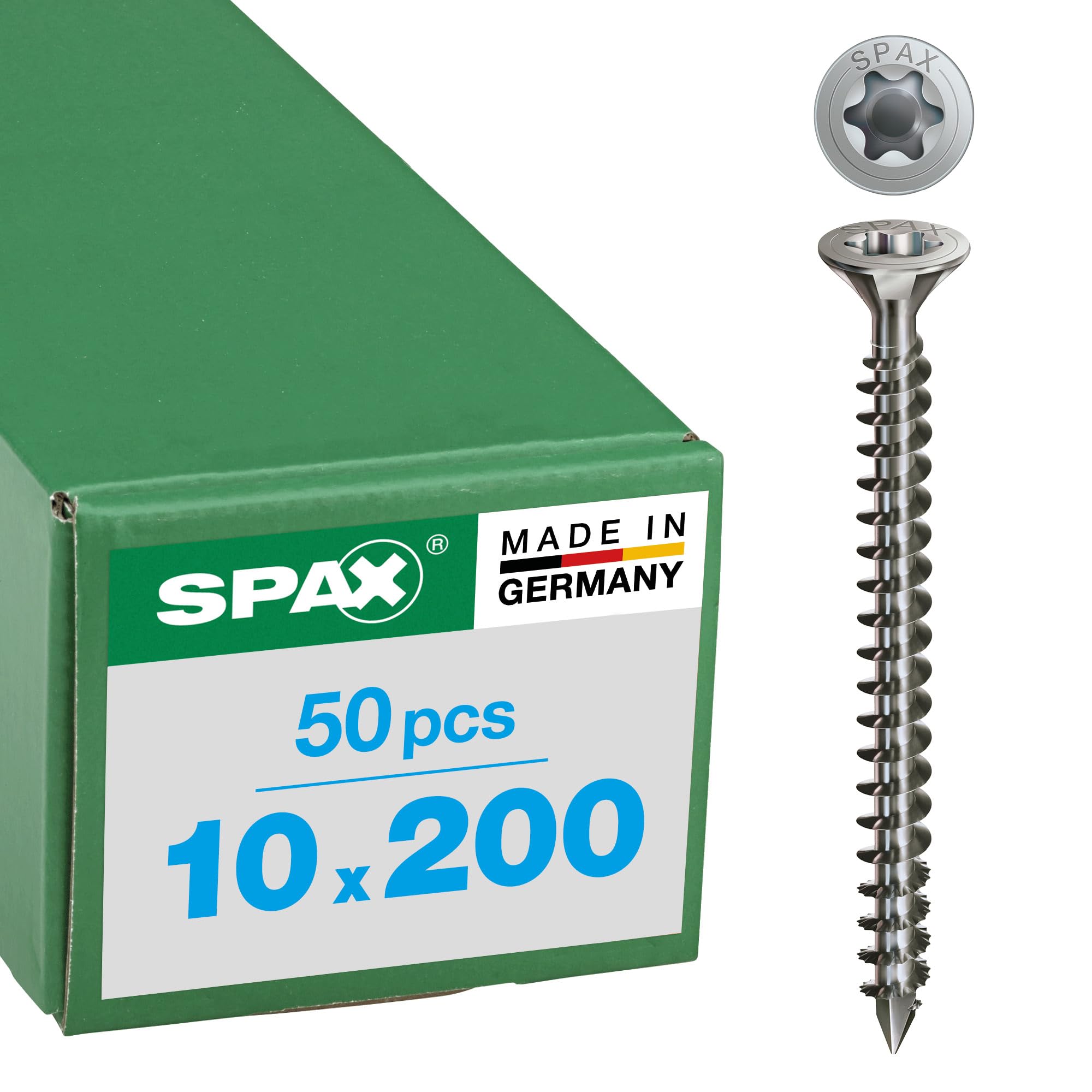 SPAX Holzbauschraube aus Edelstahl rostfrei A4, 10,0 x 200 mm, 50 Stück, T-STAR plus, Senkkopf mit Fräsrippen, Vollgewinde, CUT-Spitze, 1208001002005