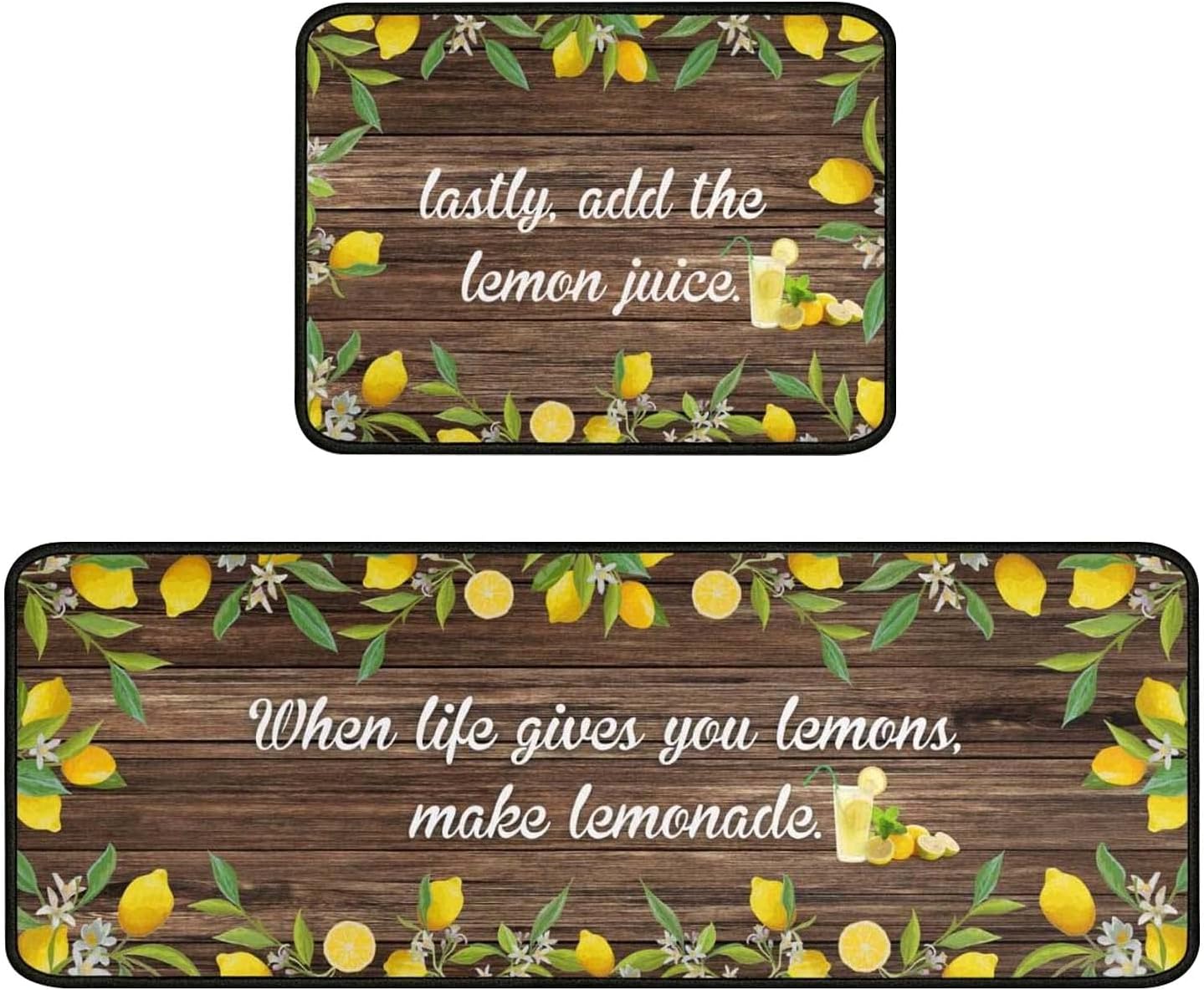 Lemon Kitchen Rug Decor Set of 2, Washable Microfiber Running Rugs Lemon Decoration Mats 17"x 47" + 17"x 23" (Brown)