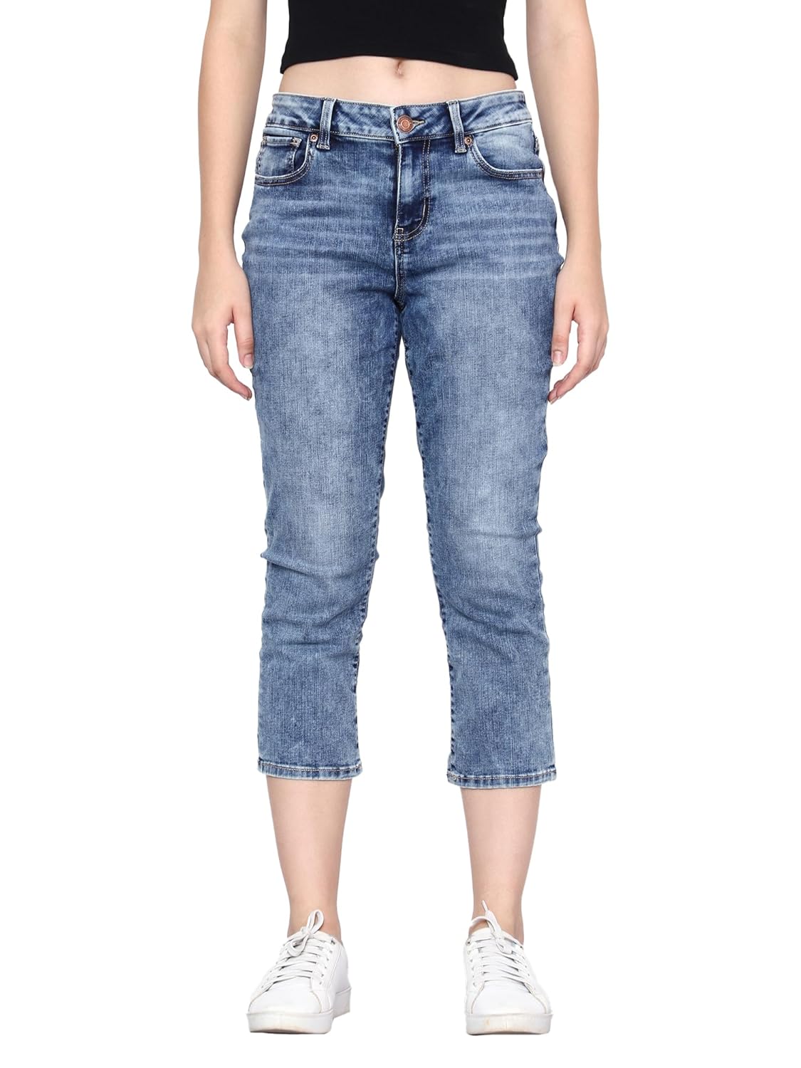 HAPPENING Plus Size Women -Curvy Slim Fit Stretch Denim Capri/Cropped Jeans- MID Rise -Above Ankle-Mid Blue – Waist Size 30(M) / 48(8XL) inch HAPPENING Plus Size Women -Curvy Slim Fit Stretch Denim Capri/Cropped Jeans- MID Rise -Above Ankle-Mid Blue – Waist Size 30(M) / 48(8XL) inch