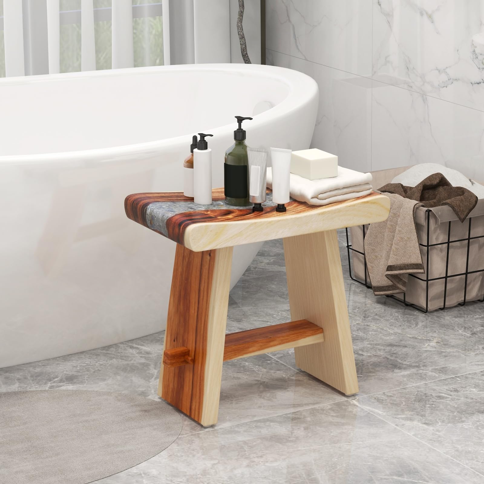 Giantex Teak Shower Bench, Fully Assembled Teak Shower Stool with Epoxy Resin Decoration and Curved Seat, Shower Bench for Shaving Legs, Waterproof Spa Bathing Step Foot Rest for Bathroom