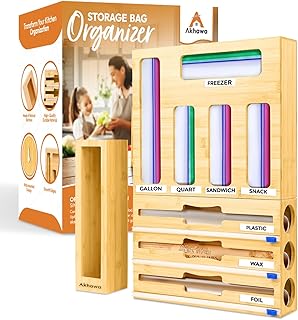 Storage Bag Organizer for Kitchen Drawer and Wall - 9 in 1 Baggie Organizer for Foil and Plastic Wrap with Cutter - Measure Drawer Height Before Purchasing