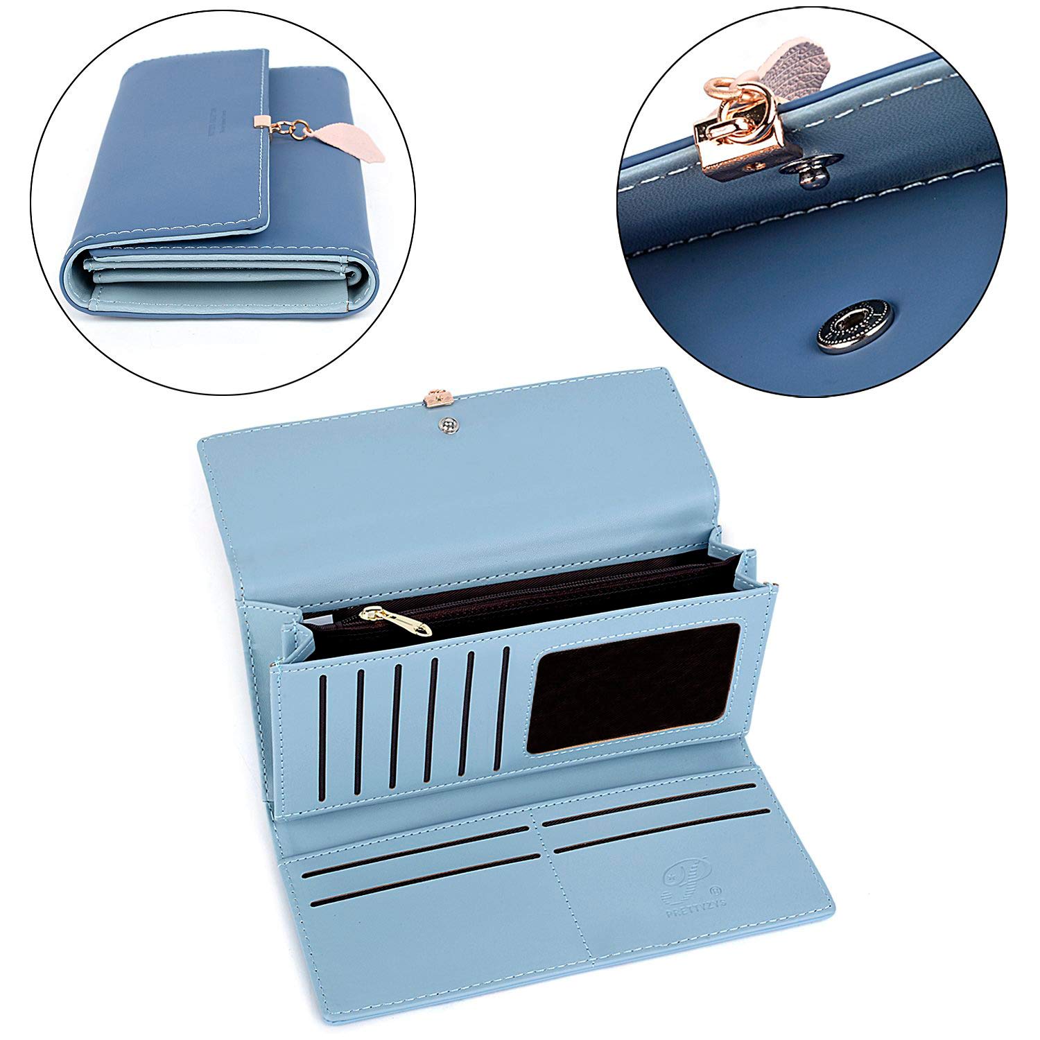 Charltu Portafoglio Donna Lungo Cerniera in Pelle, Portafoglio Donna Grande (Blu)
