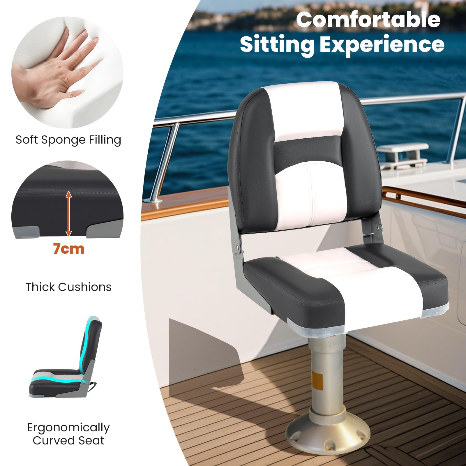 HOMASIS Juego de 2 sillas plegables para barco, acolchadas, con asiento de 7 cm de grosor, silla de control impermeable con respaldo y marco de metal, asiento de control para barcos, soporta hasta 150