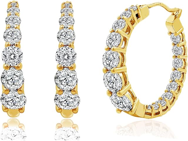 Amazon Collection Platinum or Gold-Plated Sterling Silver Infinite Elements Zirconia Graduated Hoop Earrings, 1" Diameter