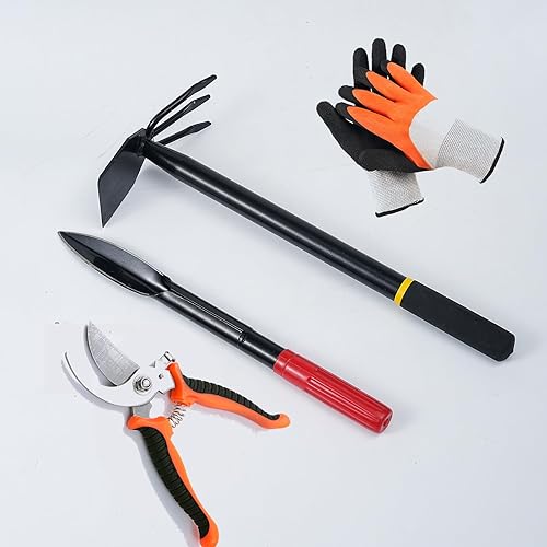 Juego de 4 herramientas de jardín con azada de herramientas 2 en 1cultivador de doble cabeza paleta de jardinería en forma de hoja de sauce guantes