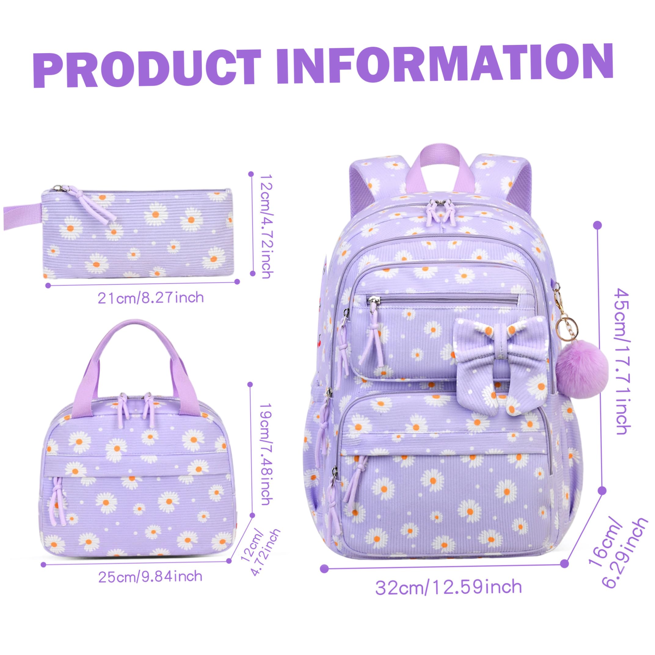 Zaino per ragazze da 3 pezzi/set con scatola per il pranzo e borsa con fiori carini con custodia Pecil viola