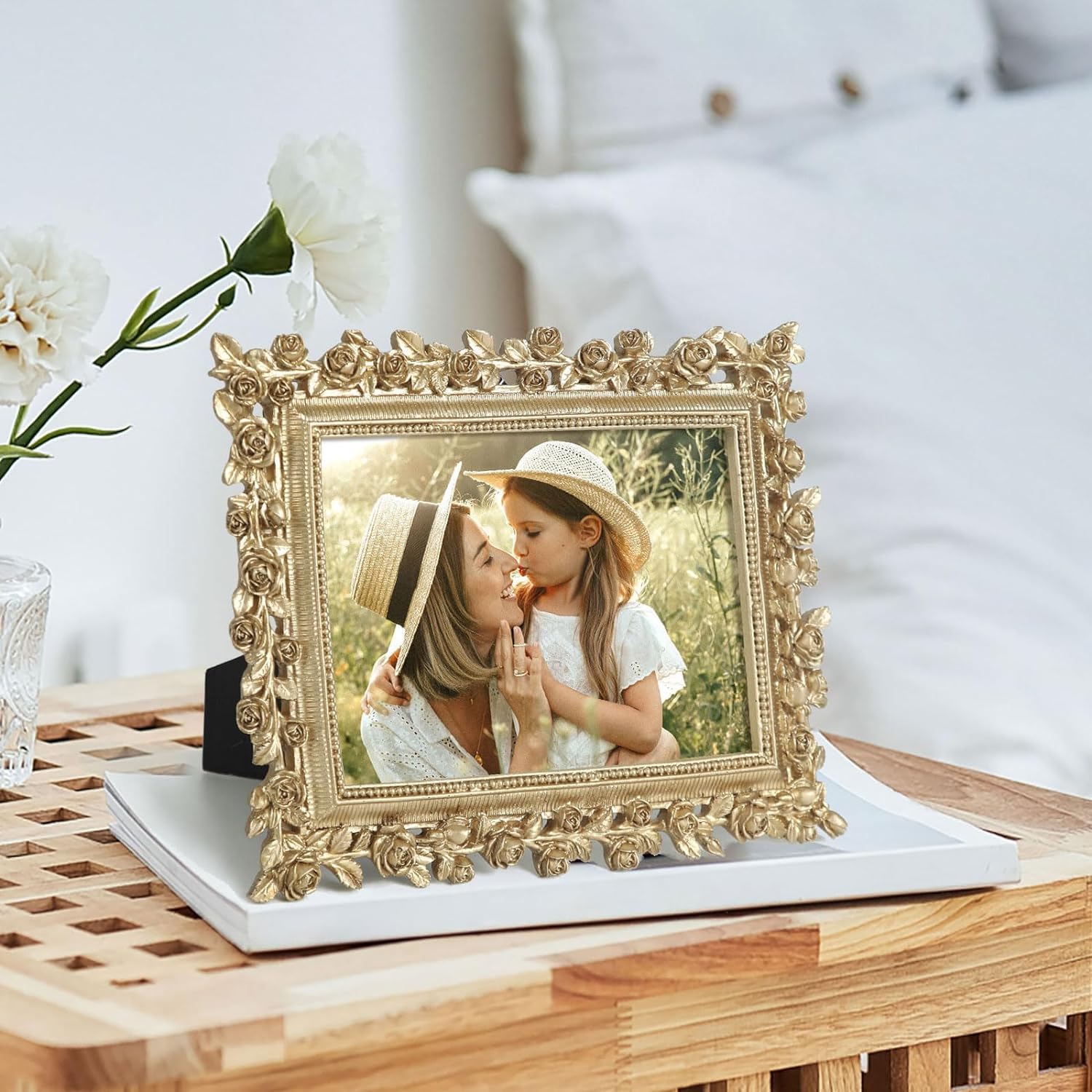 5x7 Wedding Frame Gold, 2 Pack Decorative Picture Frame with Stand for Tabletop Shelf Decor, Antique Brass Floral Photo Frame for Christmas Thanksgiving Engagement Gift