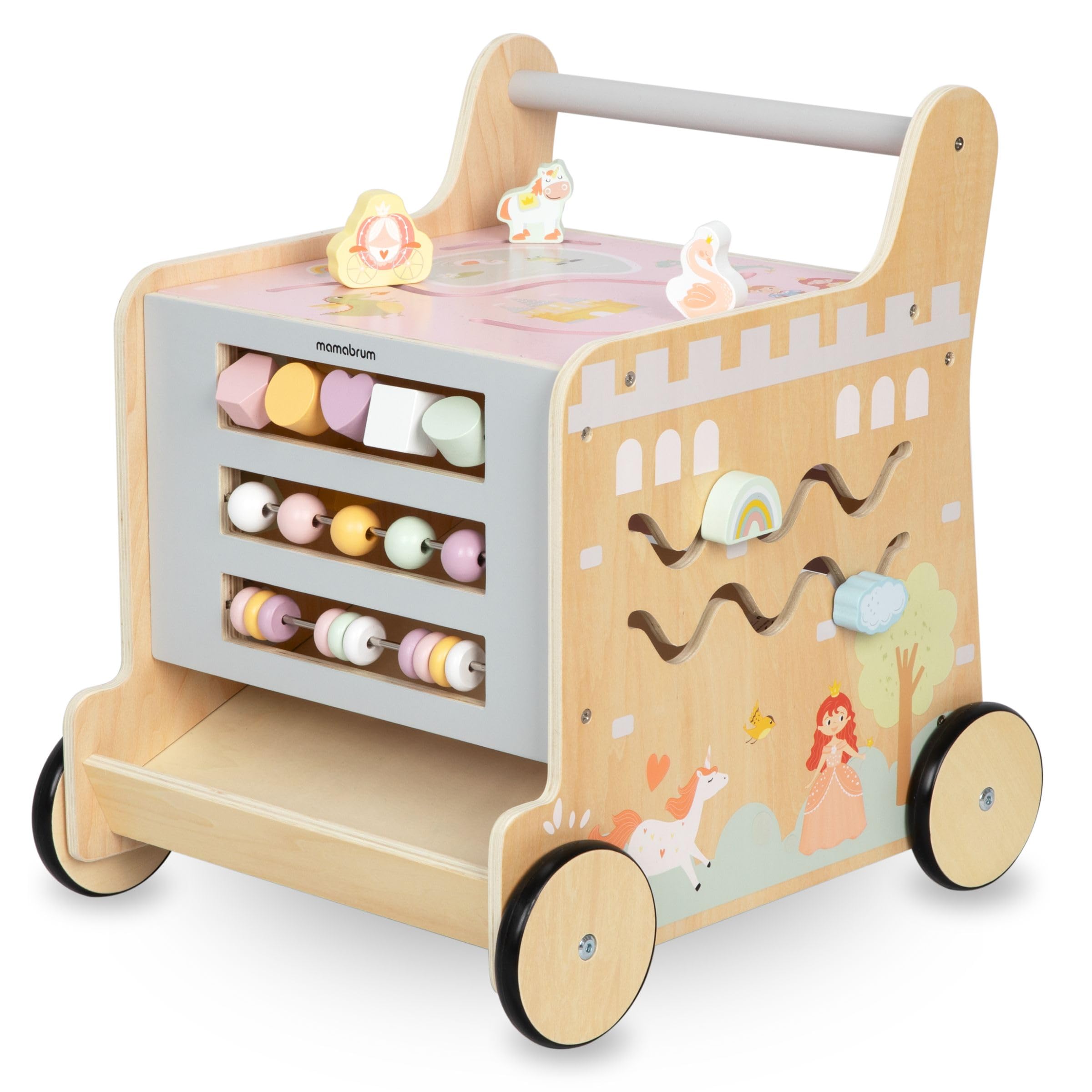 Mamabrum Girello in Legno per Bambini, Spingitore 2in1, Cubo Motore, Giocattolo per la Prima Educazione: Cavalcabile, Selezionatore, Labirinto, Abaco, Blocchi con Numeri, Cursore, Ruote Antiscivolo