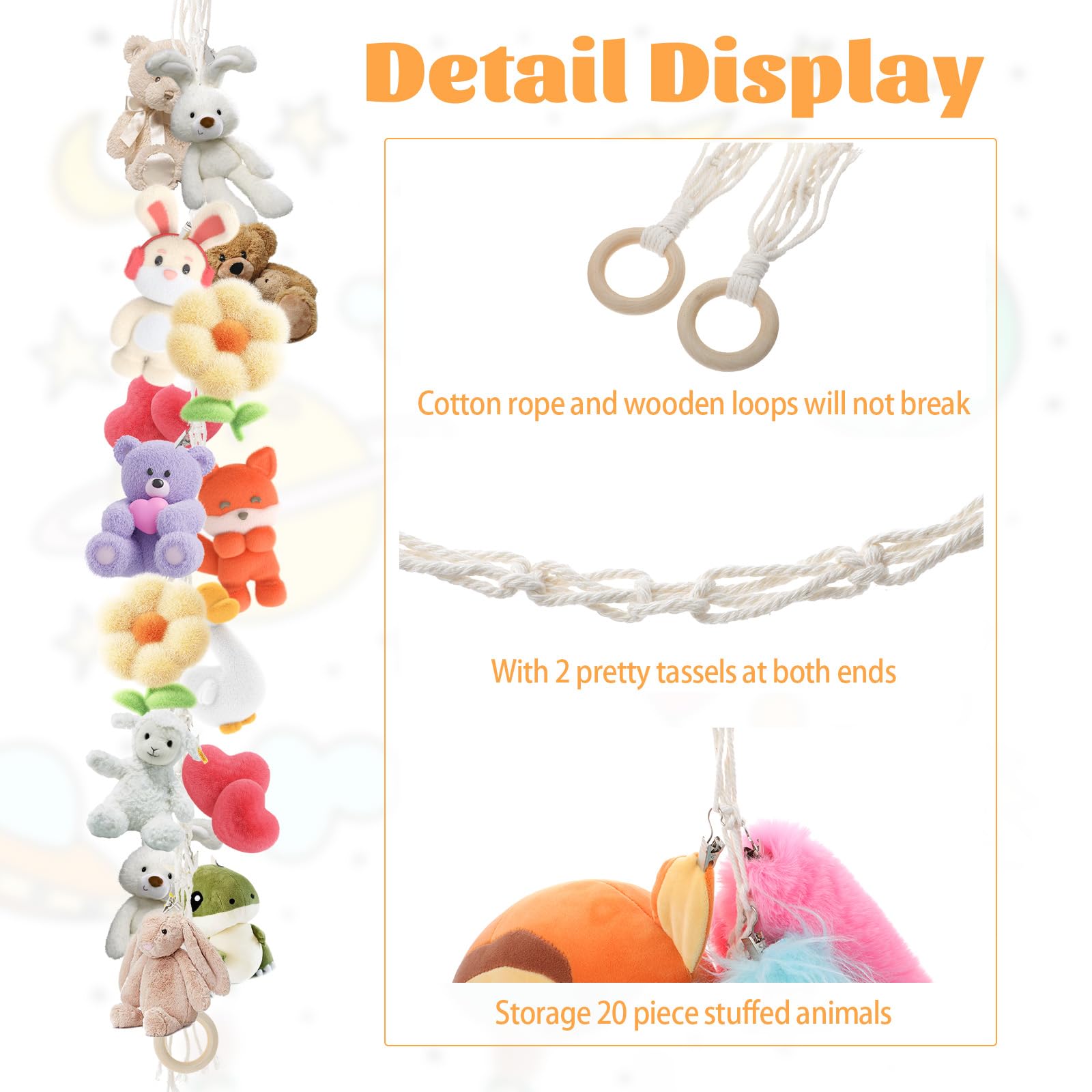 Soft Toy storage with 20Pcs Metal Clips Stuffed Animal Organizer Chain Toy Hammock Toy Hammock for Stuffed Animals Teddy Storage for Hanging Plush Toys Hats Socks - Image 3