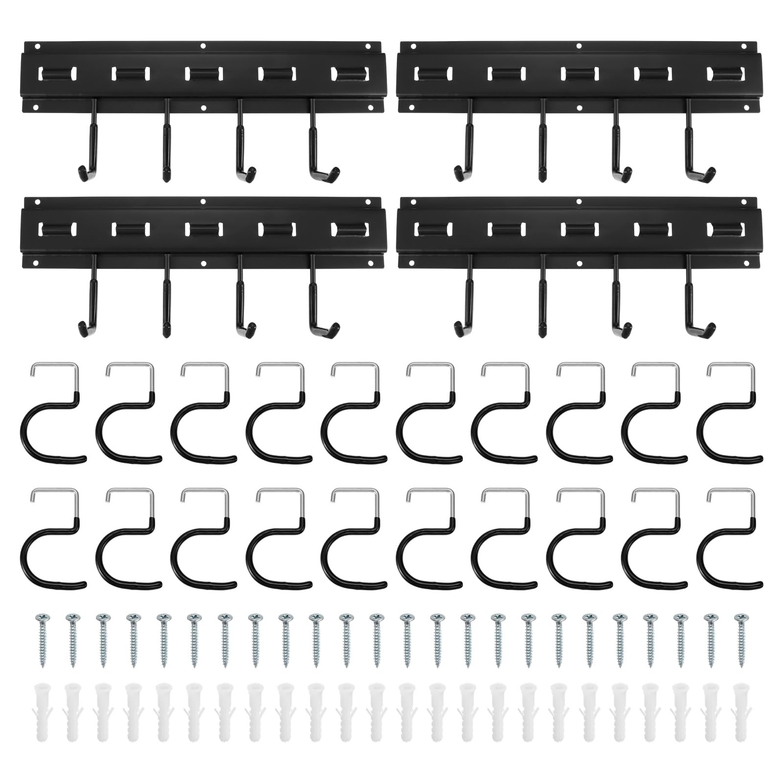 QUARKZMAN Portaherramientas de Jardín Kit, Soporte Metálico de Pared Empalmable con Ganchos Negro para Herramientas Colgador para Escobas Fregonas Sótano Garaje, 164cm Largo Total