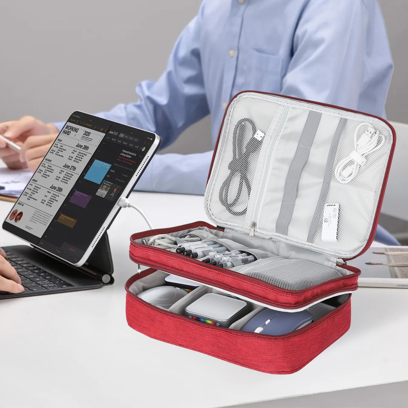 AiQInu Organizer Na Kable Torba Podróżna Wodoodporny Przenośny Organizator Na Kable Do Ładowarki, Pamięci USB, Słuchawek, Powerbanku, Dysku Twardego, Karty SD, Czerwone WinO - 3 Warstwy