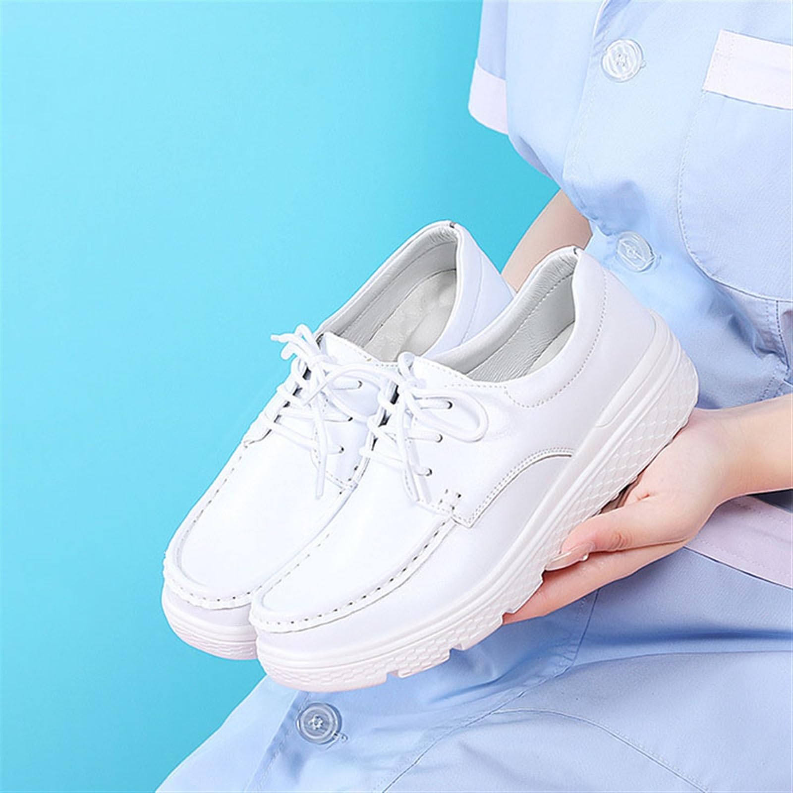 Zapatos de Trabajo de Chef para Mujer, Zapatos de enfermería para el Cuidado de la Salud, Zapatos de Trabajo de enfermería de Cuero cómodos con Cordones Antideslizantes para Mujer