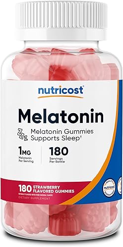 Nutricost Melatonina 1 mg, 180 gomitas, sabor a fresa, sin gluten, sin OMG, sin jarabe de maíz