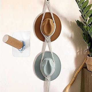 Macrame Wall Hat Hanger with Adhesive Wood Hook, 2-Hat Capacity | Cotton cord and pine wood hat organizer with gravity-adjusted loops, 51 in long, for display of beach hats and sun hats