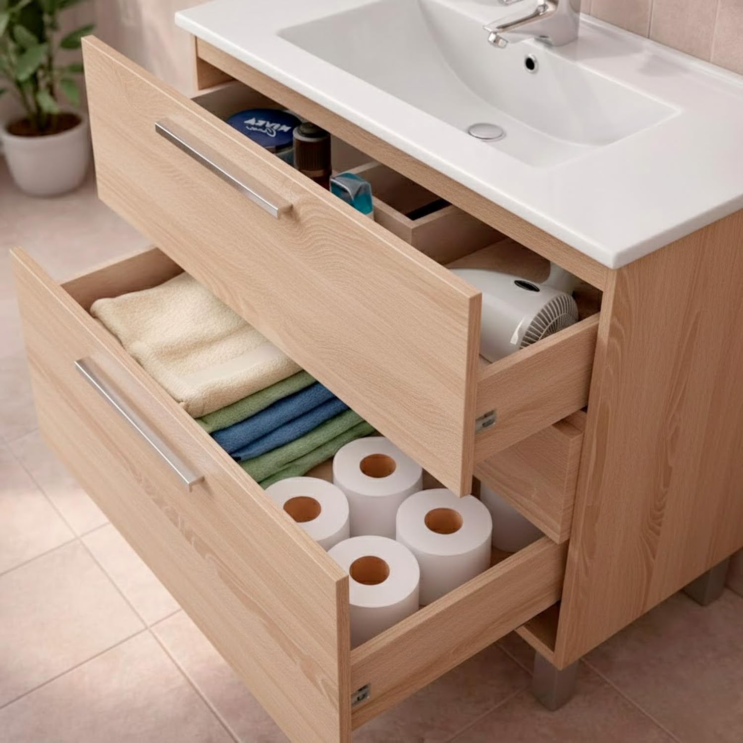 Mobile Bagno A Terra Con 3 Cassetti Lavabo In Ceramica E Specchio 77 x 50 Cm Inclusi Design Moderno Salvaspazio Elegante E Funzionale 80 x 45 x 86 Cm (Rovere Chiaro)