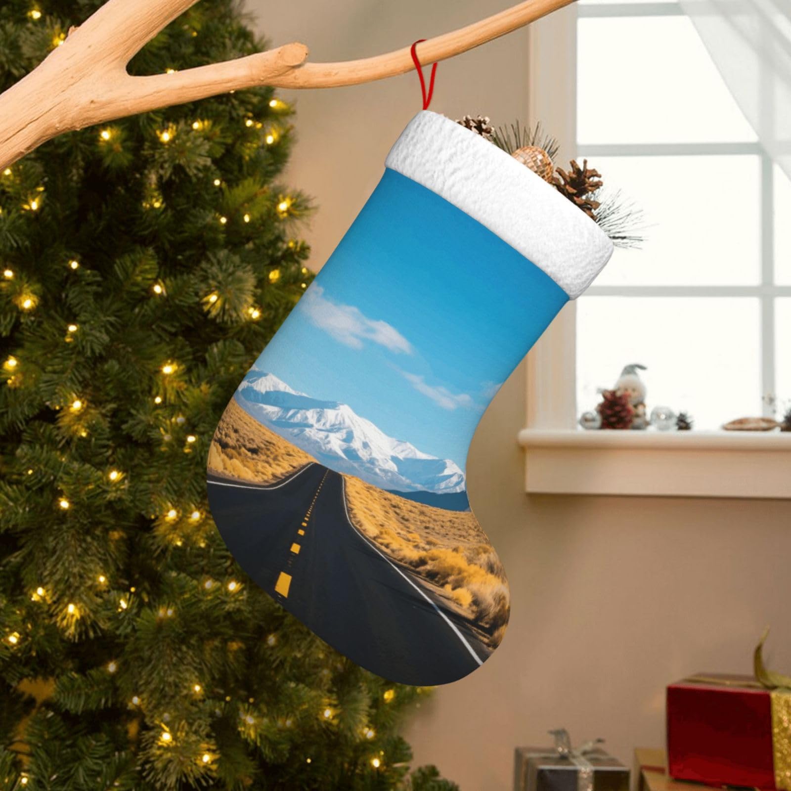Velvet Christmas Stockings 17.7 Inch, Freeway Highway Road in The Desert Xmas Stocking with Soft Cuff,Classic Personalized Christmas Tree Decoration for Family Holiday New Year Party Supplies