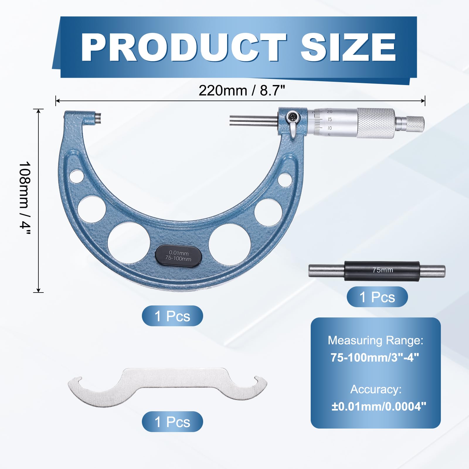 Herramienta de medición de precisión de grado industrial para metal, con rango métrico de 75-100 mm y precisión de +/-0,01 mm, con tope de trinquete, para maquinistas e ingenieros. Color azul.