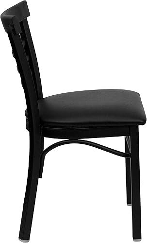 Miniatura 5 de BizChair Paquete de 2 sillas negras de metal para restaurante con respaldo de escalera de tres listones, asiento de vinilo negro