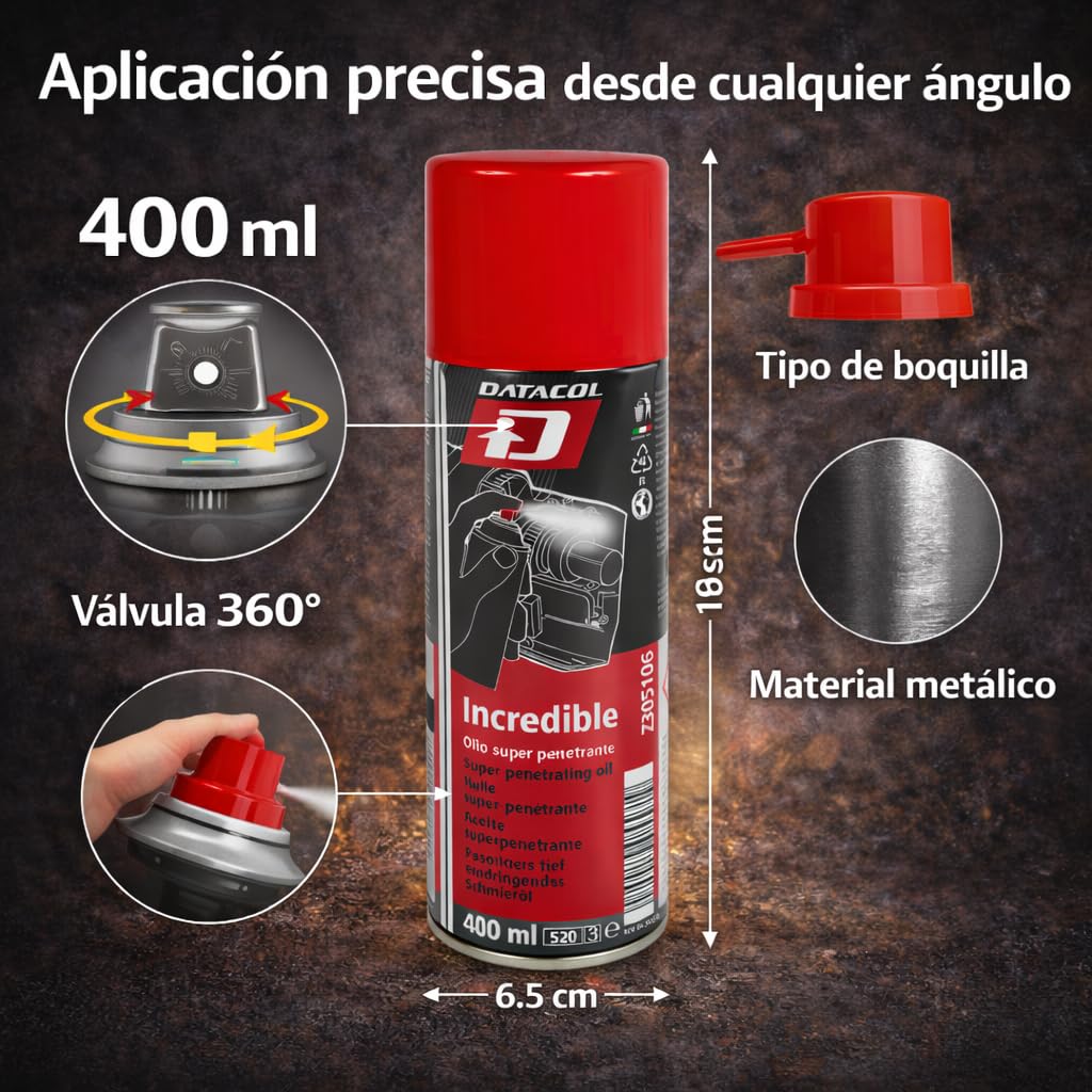 DATACOL Incredible Spray Aceite Penetrante Profesional 400ml – Lubricante Desbloqueante Aflojatodo para Tornillos Oxidados y Piezas Gripadas - 5 en 1 - Pack de 4
