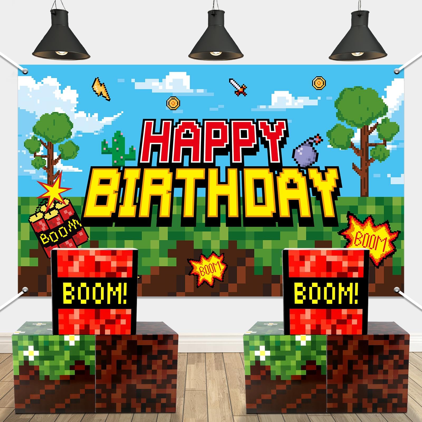 7Pcs Pixel Birthday Party Decoration Halloween Video Game Backdrop with Large Pixel Centerpieces Boxes Trunk or Treat Car Decor Video Game Photography