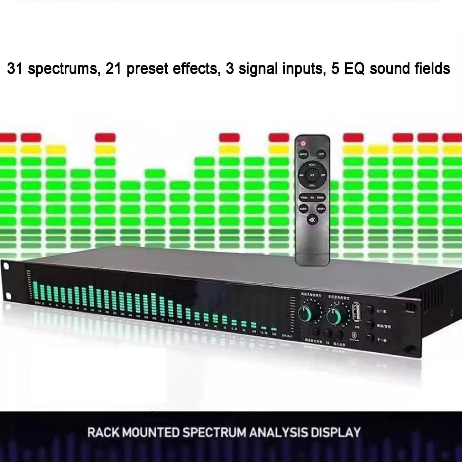 Equalizador Gráfico Estéreo De 31 Bandas, Ecualizador De Ajuste De Eq Digital De Inicio con Pantalla De Espectro Led - 21 Efectos Preestablecidos, Reducción Automática De Ruido, con Ajuste Bajo/Medio
