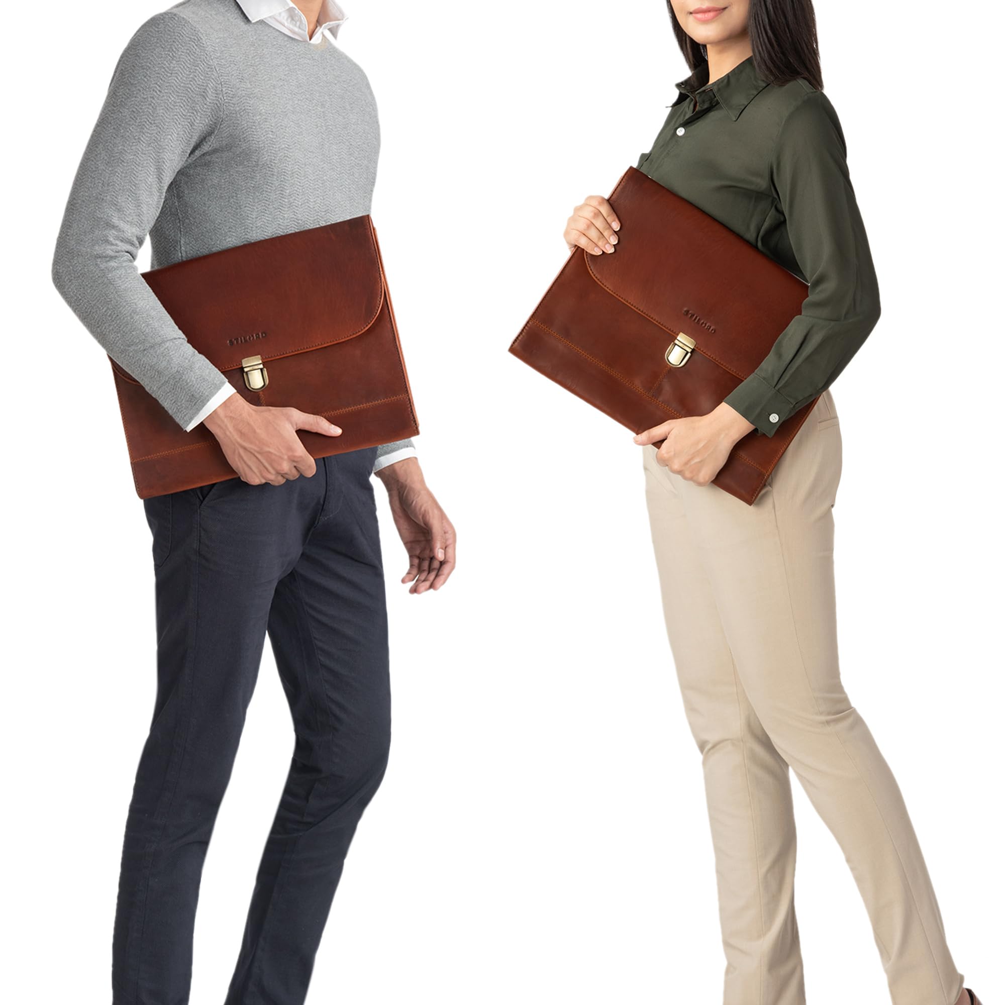 STILORD Duncan Laptoptasche Leder 15 Zoll ideal für 13,3-15 Zoll MacBooks für Surface Pro Book Aktenmappe Dokumentenmappe Echtleder aufsteckbar Farbe:Cognac - braun