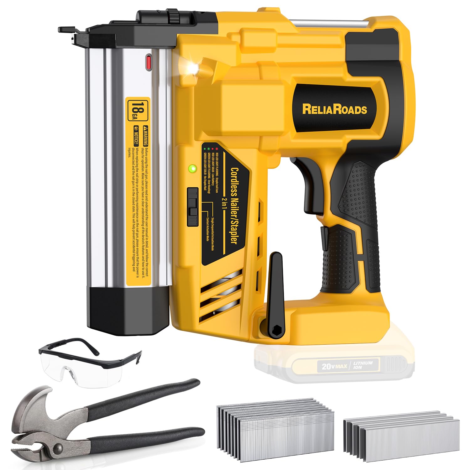 2" Cordless Brad Nailer, 2 in 1 18GA Staple Nail Gun Battery Powered Compatible with DeWalt 20V MAX Battery, Electric Nail Gun Stapler with Nails Puller, 1600 Staples and Nails(No Battery)