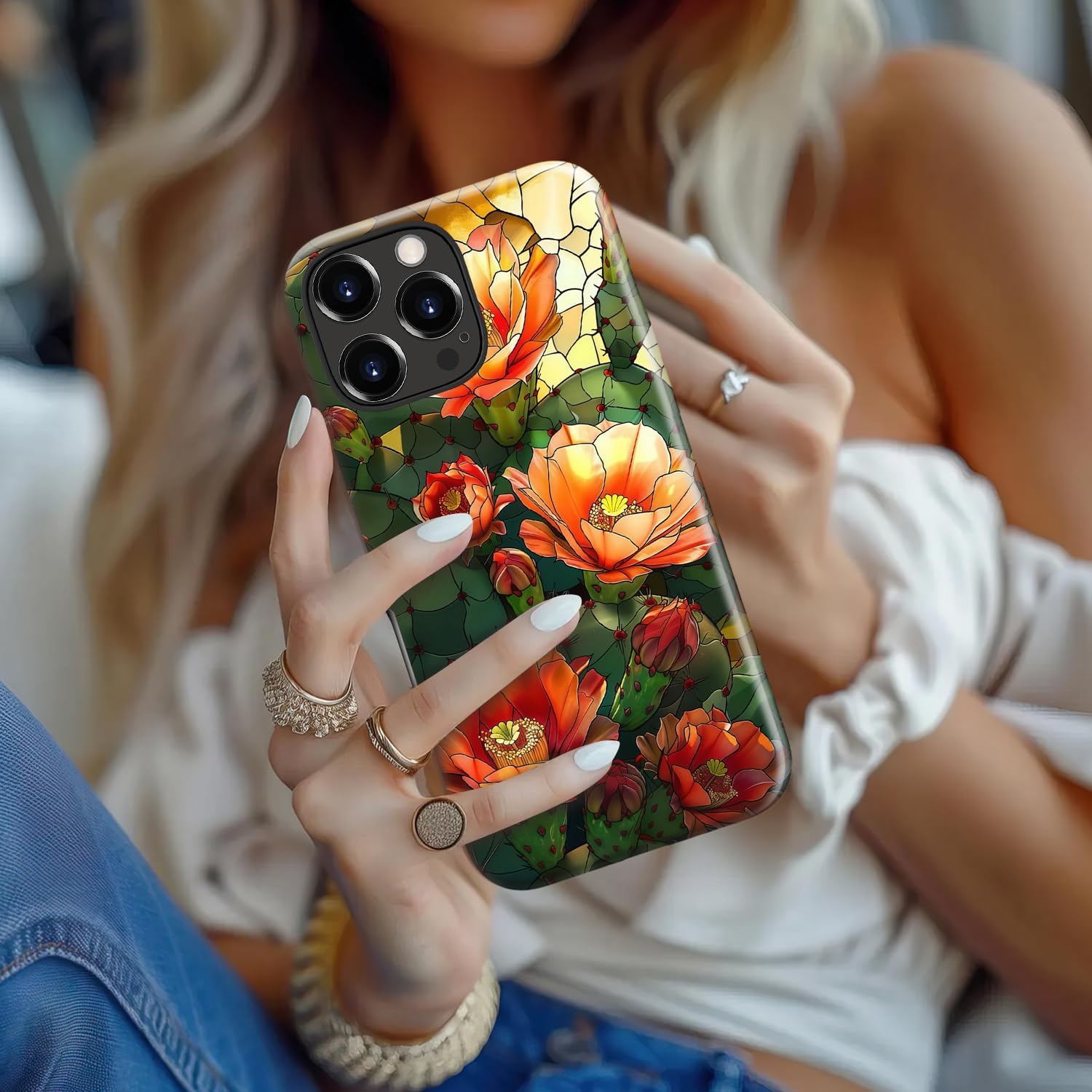 MERRO for iPhone 16 Pro Case - Wireless Charging Compatible - Dual-Layer Hard Shell & Silicone Cover - Protective Phone Case with Cute Wildflower Designs for Women - Blazing Cactus Flora - Image 6