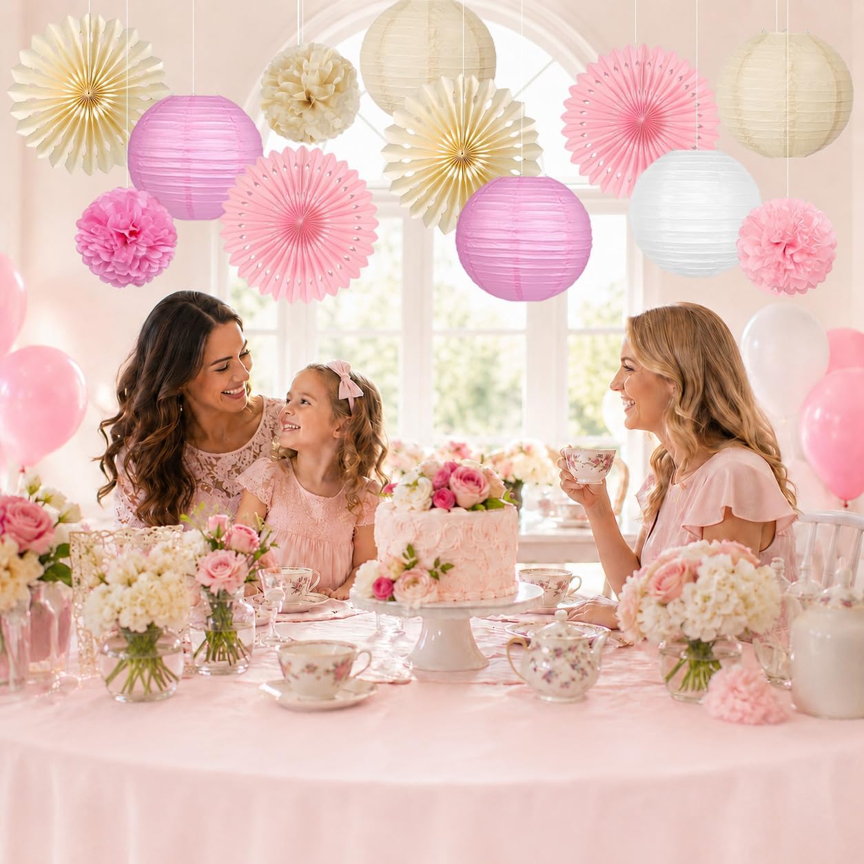 Pink and Beige Party Decorations Set, Hanging Paper Lanterns, Tissue Paper Pom Poms and Paper Fans for Baby Shower, Birthday, Wedding and Bridal Shower Party Decor