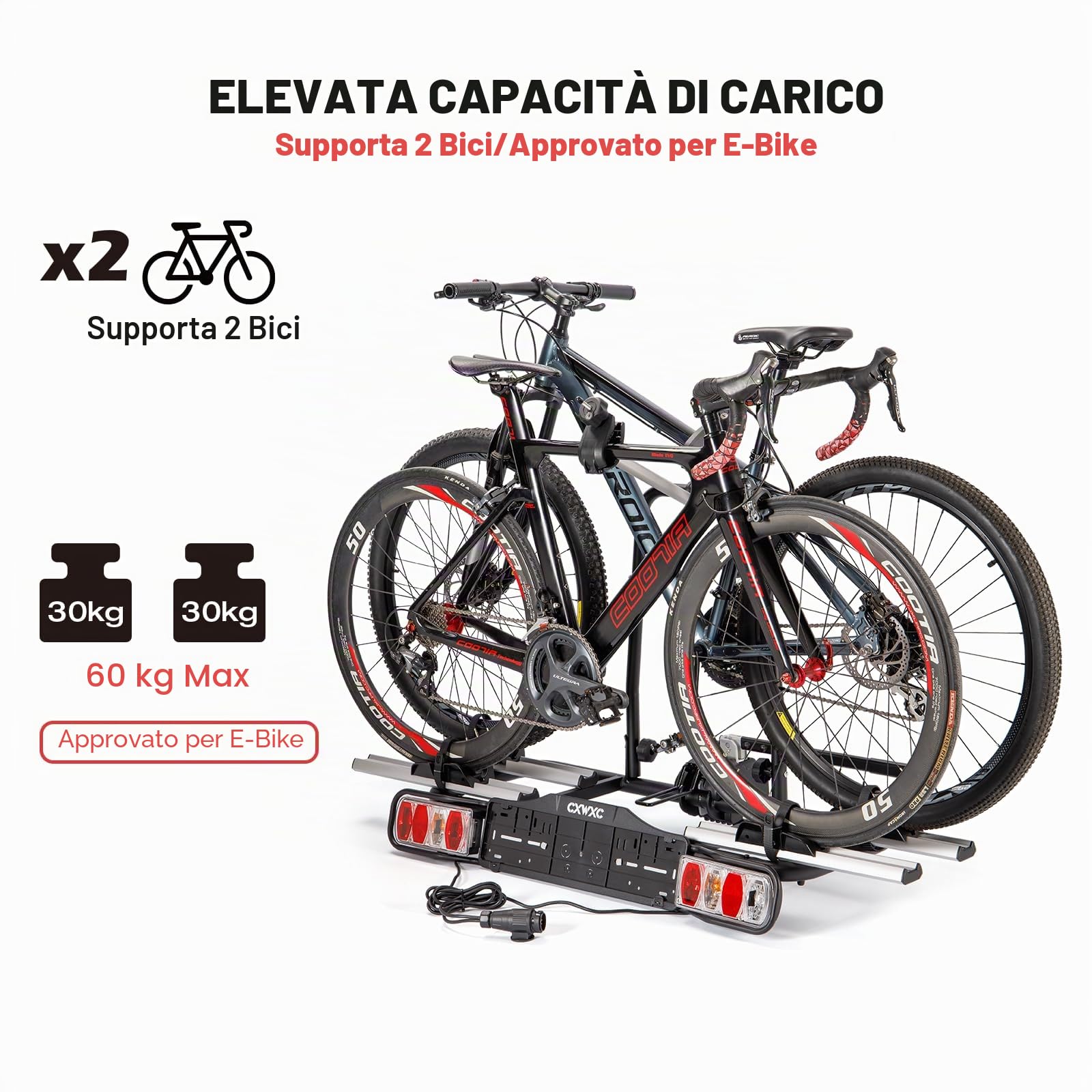 Portabici da traino per auto 2 biciclette elettriche, fusibile sgancio rapido, illuminazione 13/7 pin universale