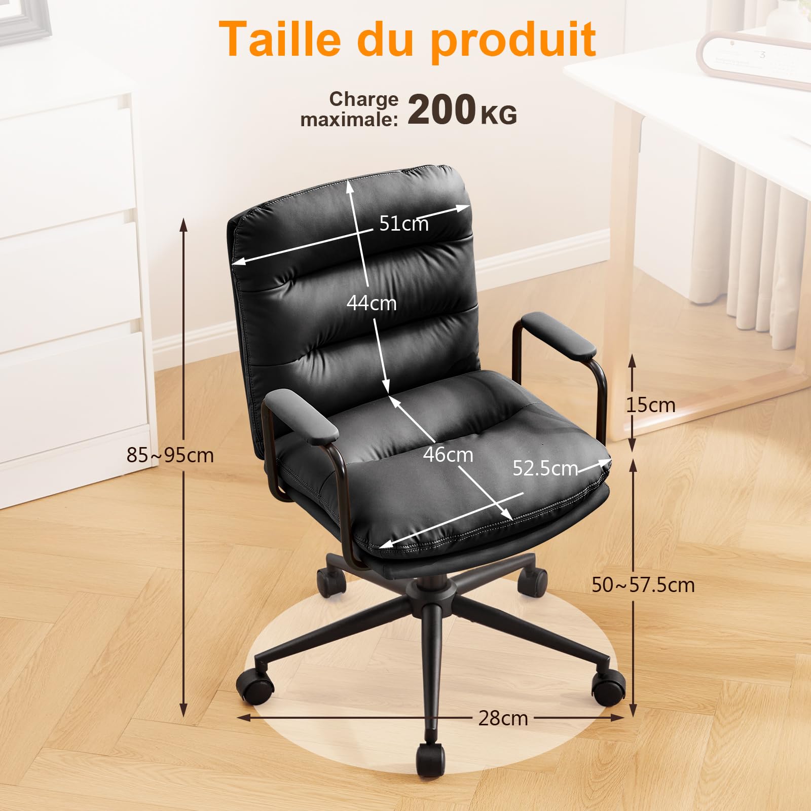 Fauteuil de Bureau Réglable en Hauteur Cuir PU avec Roulettes, Chaise Coiffeuse Bascule Pivotante Noir